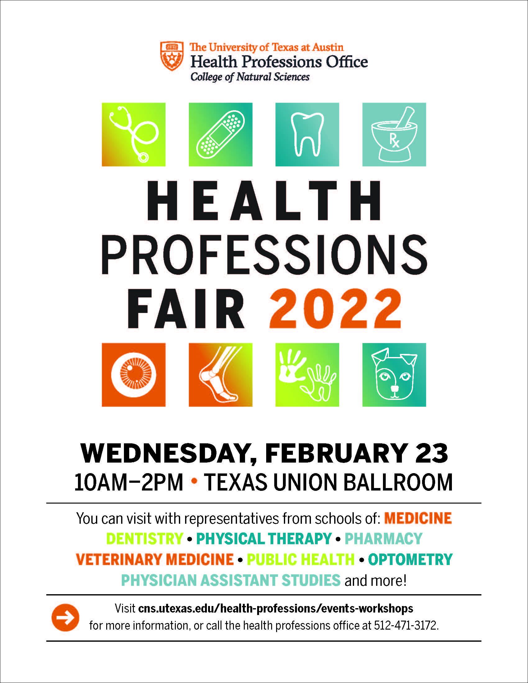 Health Professions Fair 2022 • Wednesday, February 23 • 10am-2pm • Texas Union Ballroom