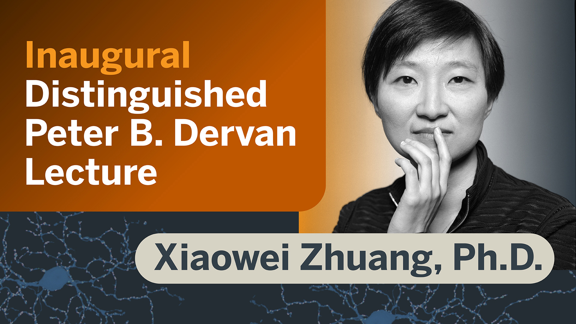 Black and white image of Xiaowei Zhuang looking at the viewer. They have a pixie-style haircut and are wearing a dark-colored zip-up top and are holding up their left index finger to their lips. Text reads "Inaugural Distinguished Peter B. Dervan Lecture. Xiaowei Zhuang, Ph.D."